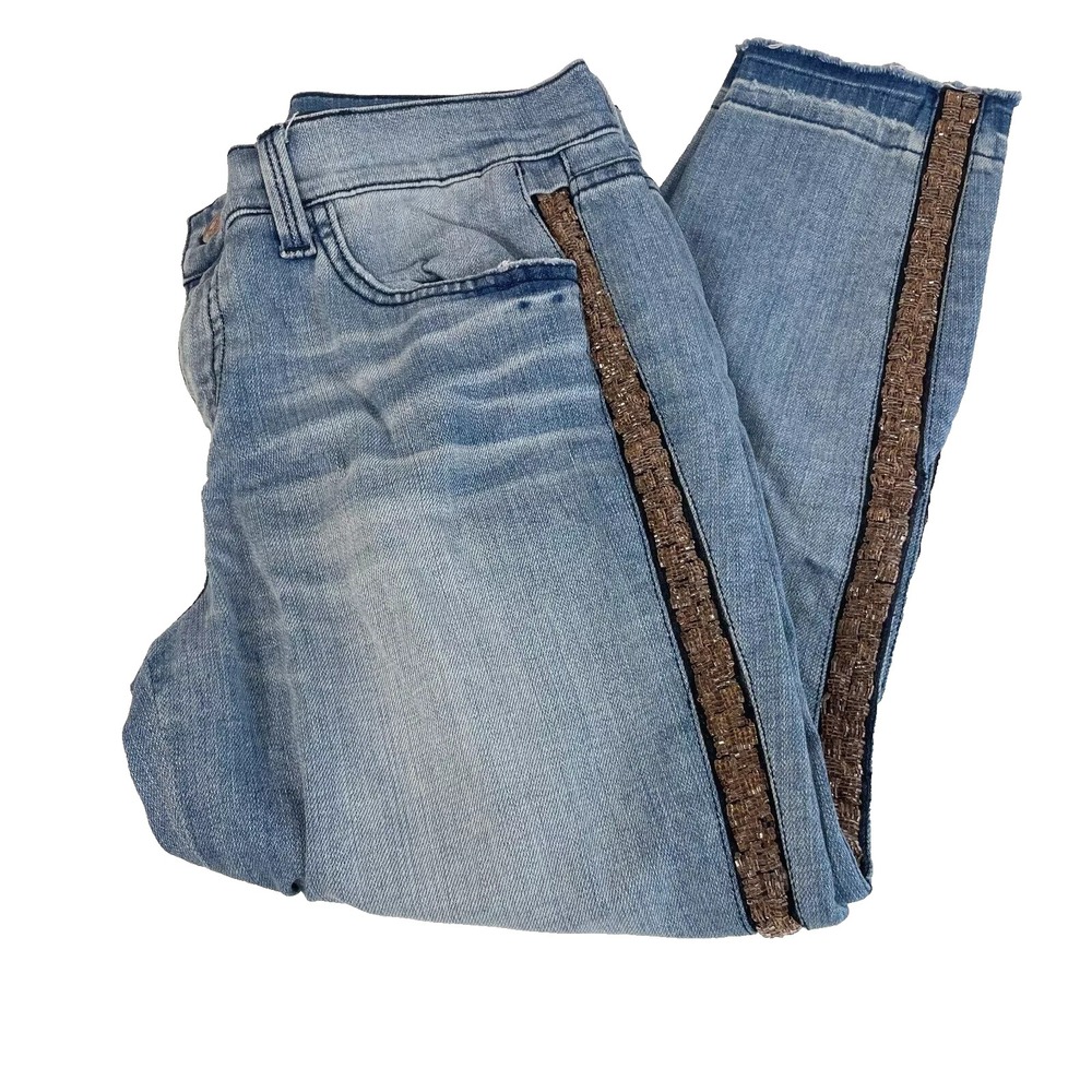 Level 99 Blue Cropped Skinny Jeans Womens Size 26 Mid Rise Beaded Embellished